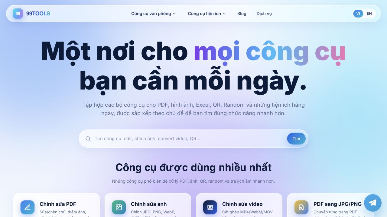 99TOOLS cung cấp công cụ xử lý file trực tiếp trên trình duyệt